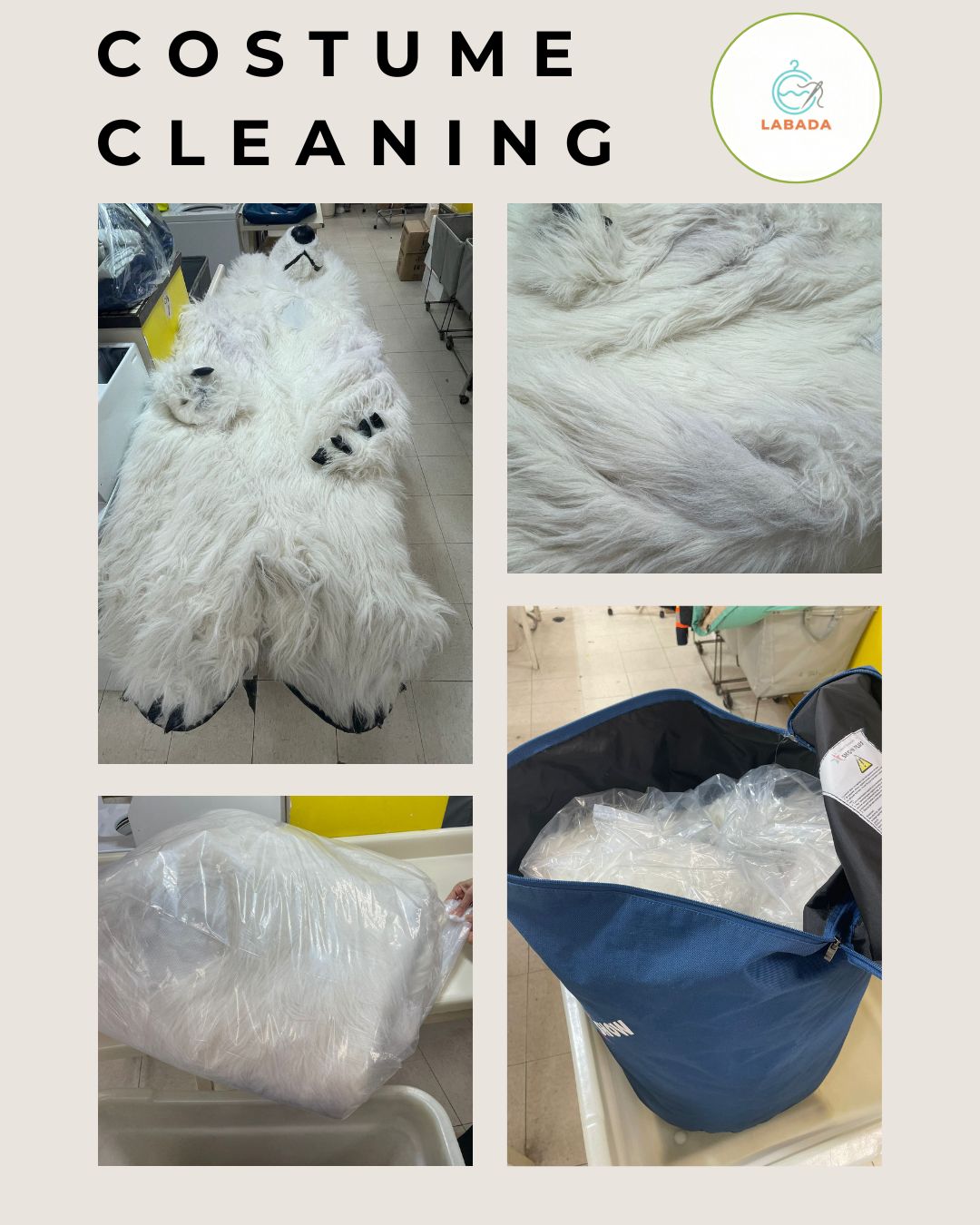 A large, custom white polar bear mascot costume lying flat after professional cleaning and restoration at Labada Commercial Laundry.