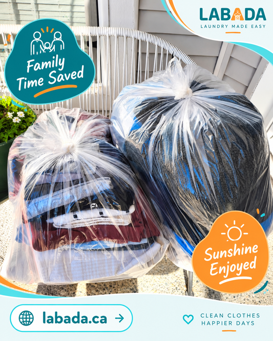 LABADA laundry pickup and delivery in Coquitlam with Family Time Saved and Sunshine Enjoyed graphic