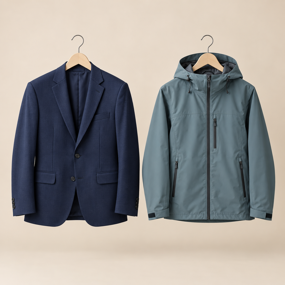 Plain studio image of a tailored blazer and technical jacket for Labada Laundry jacket and blazer cleaning service
